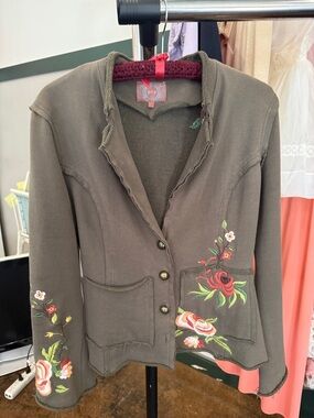 Yag Couture Olive Green Embroidered Floral Blazer Jacket